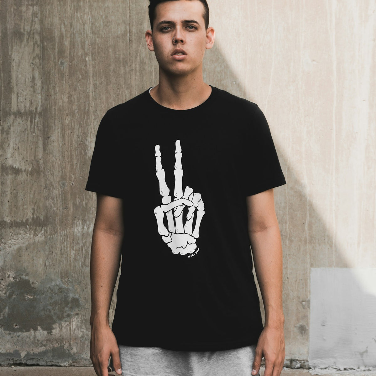 Skeleton Hand Peace Tee in Faded Black — Void Supply heavyweight tee